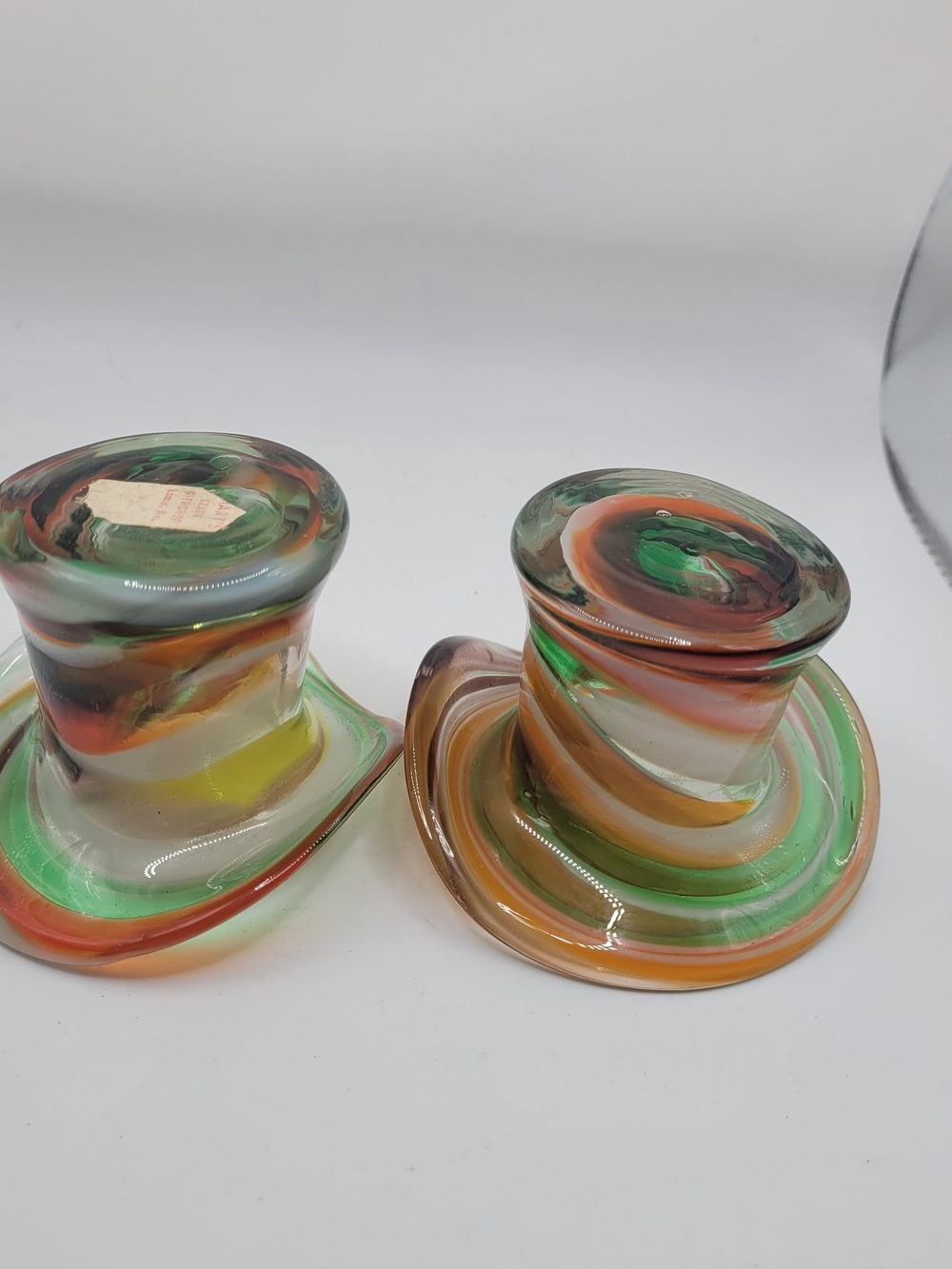 Hand Blown Art Glass Top Hat Bowl Vase Retro 3.5" across the top 2.5" Tall Set 2